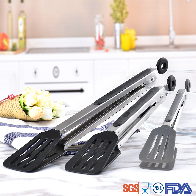 3 Sizes stainless steel sandwich tongs for kitchen  black Non-slip handle