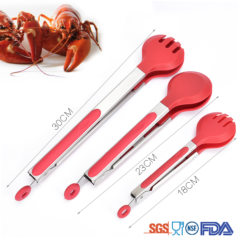 Circle head Red safety Silicone utensils bread kitchen tongs