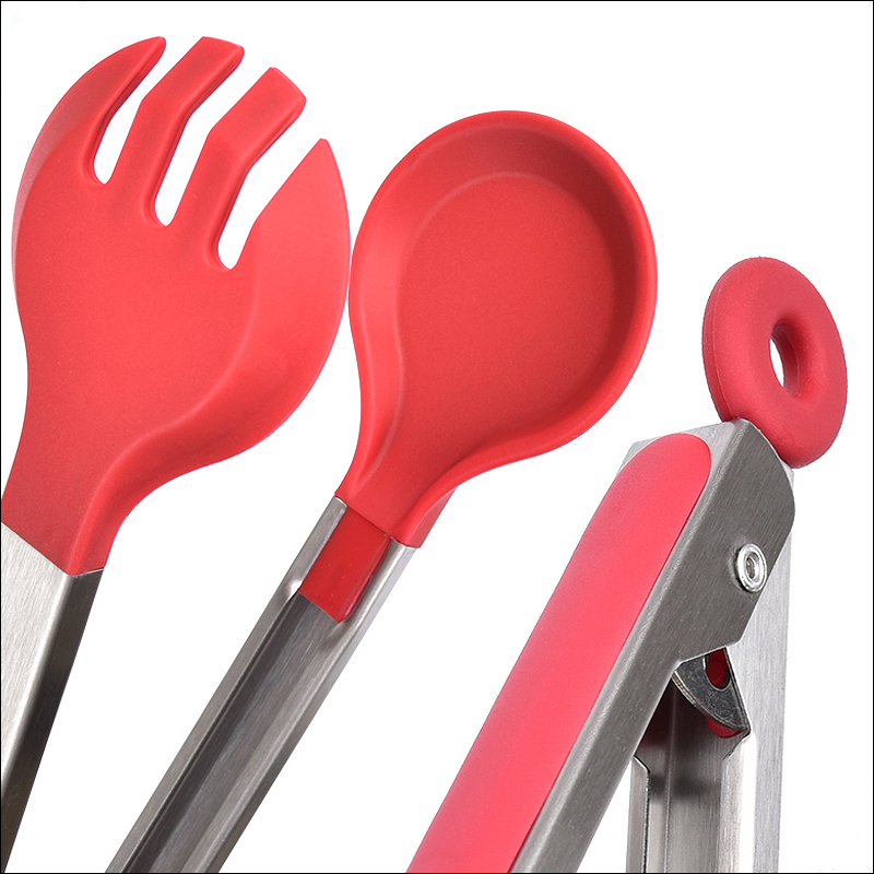 Circle head Red safety Silicone utensils bread kitchen tongs