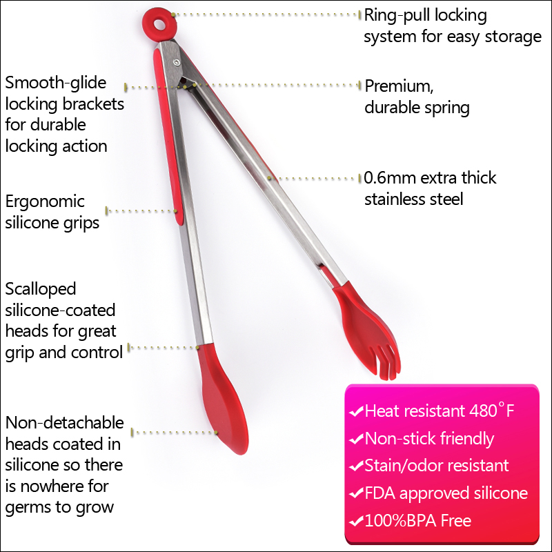 Circle head Red safety Silicone utensils bread kitchen tongs