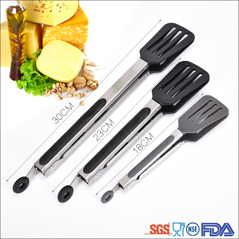 3 Size stainless steel sandwich tongs for kitchen  black Non-slip nylon handle