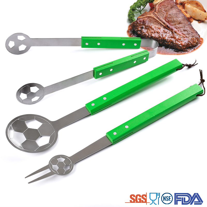 Fashion Football Shape wooden handle Barbecue Set 3PCS BBQ Tools