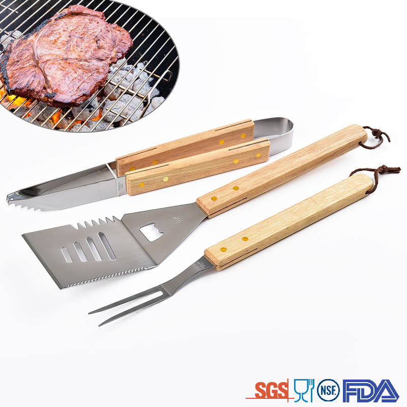 3PCS outdoor portable bbq tool wooden handle Barbecue grilling tool kit