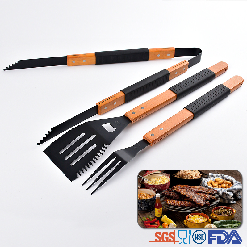Factory price 3 pcs barbecue bbq tool set soft touch wooden handle BBQ tool kit
