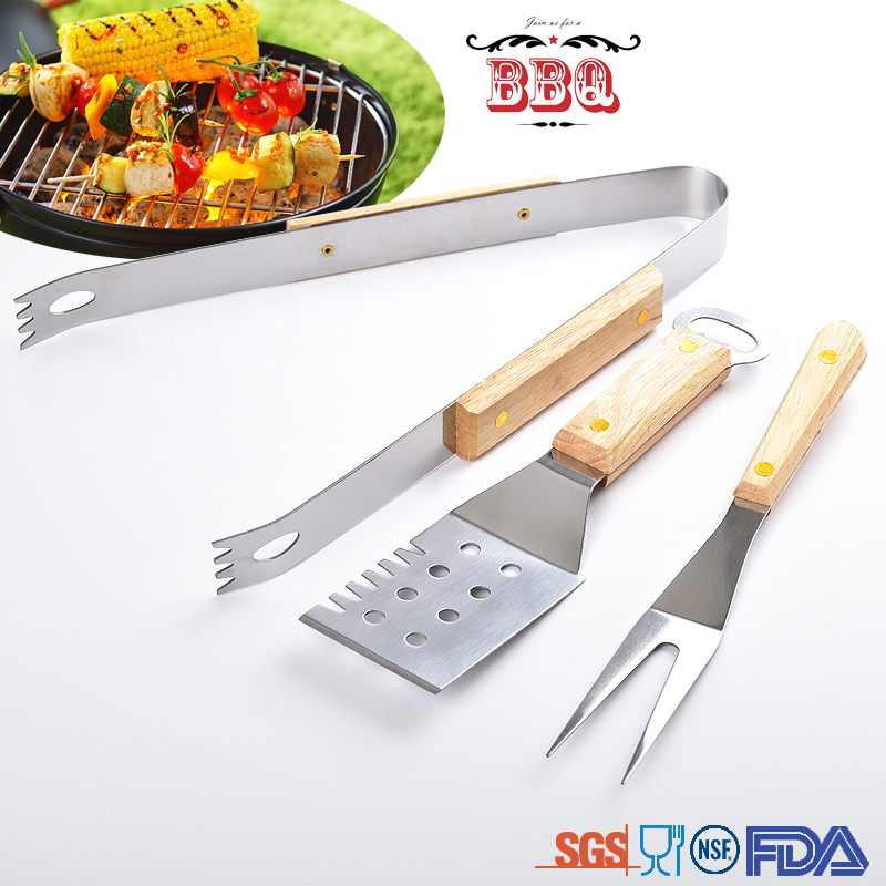 3 pcs factory price stainless steel wooden handle mini barbecue bbq grilling tool set with nylon bag