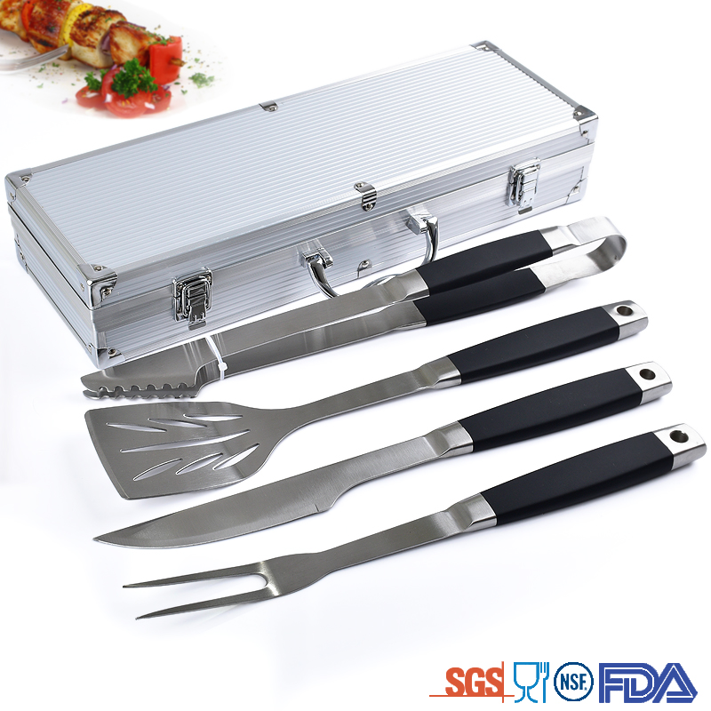 outdoor portable stainless steel TPR soft handle barbecue bbq grilling tool set with aluminum case