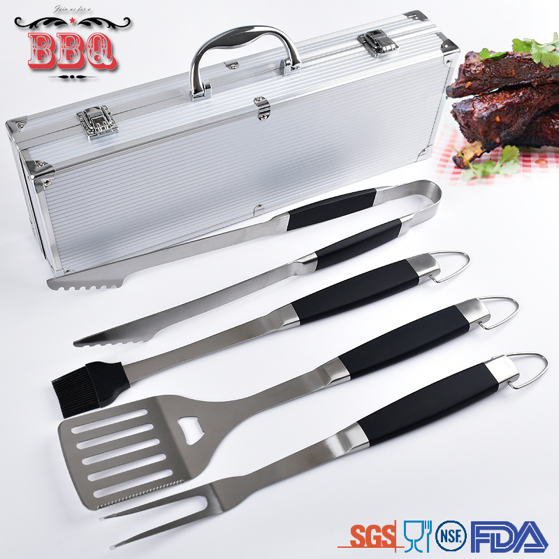 outdoor portable TPR soft handle barbecue bbq grilling tool set bbq toolkit with aluminum case