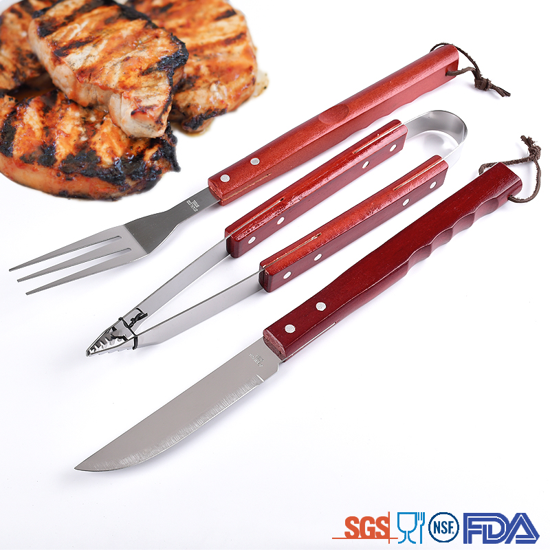 Wooden handle BBQ Grill Tools Barbecue Tool Set knife tongs fork