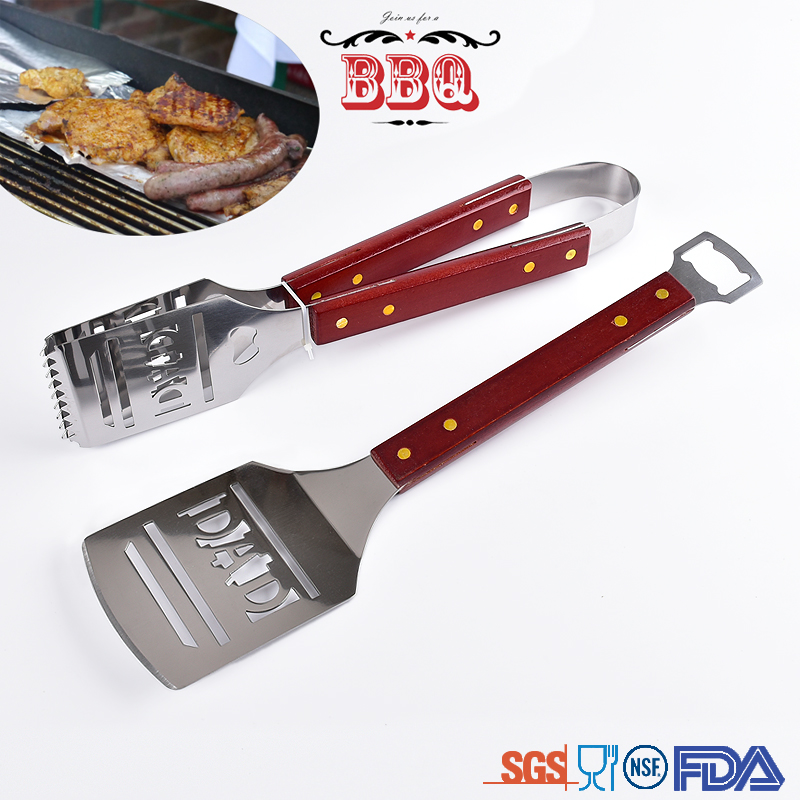 Multi-function food grade stainless steel wooden handle barbecue BBQ tool set with meat thermometer fork