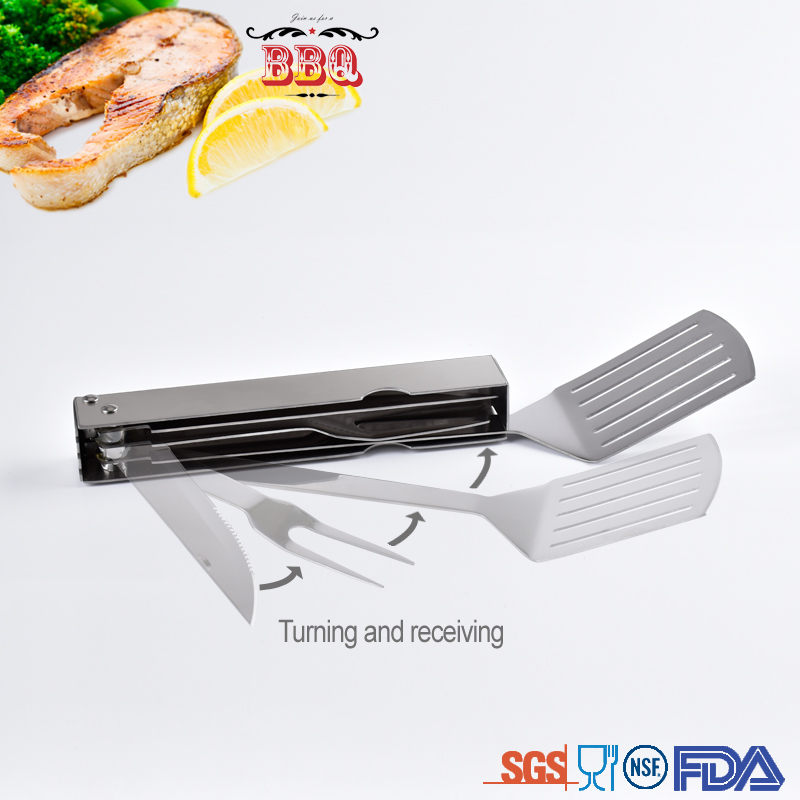 Multi-function stainless steel barbecue BBQ tool fork spatula knife in one set
