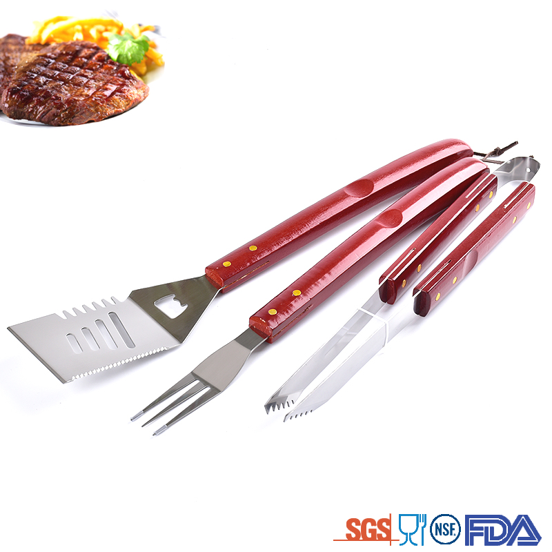 Factory supply outdoor easily cleaned bbq barbecue grilling tool wooden handle bbq tool set