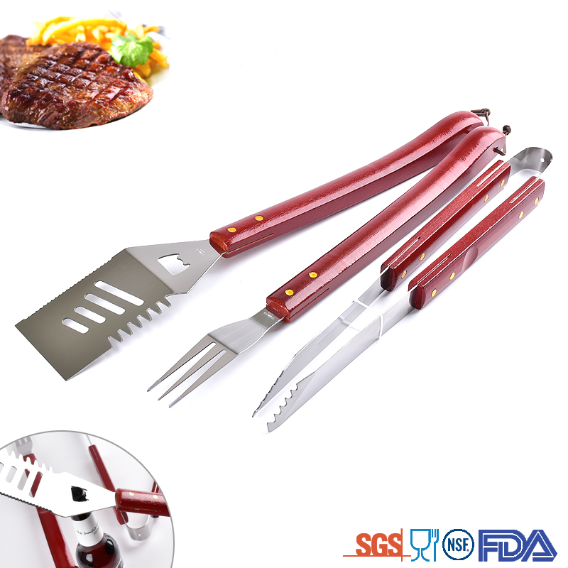 Factory supply outdoor easily cleaned bbq barbecue grilling tool wooden handle bbq tool set
