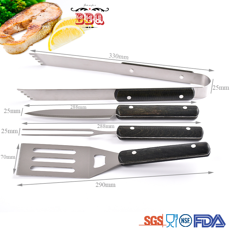 Amazon hot sale 4 PCS stainless steel wooden handle bbq tool set with nylon carry bag