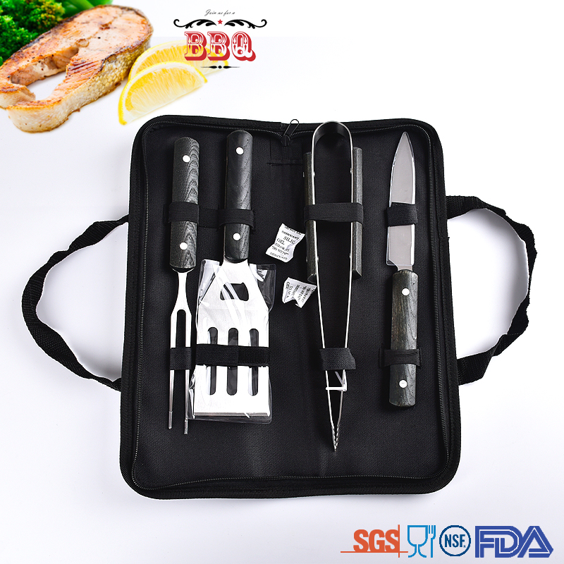 Amazon hot sale 4 PCS stainless steel wooden handle bbq tool set with nylon carry bag