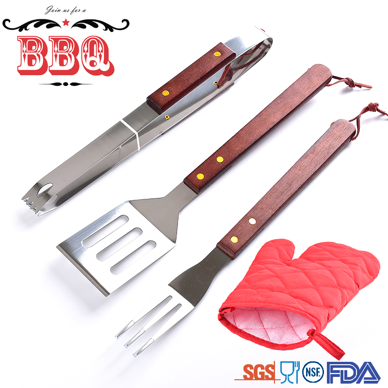 Outdoor portable easily cleaned bbq barbecue tool set with glove nylon apron bag wooden handle bbq tool set