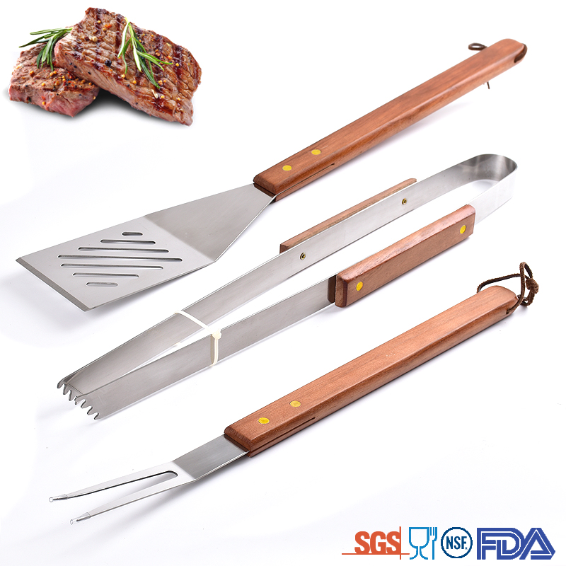Factory supply easily cleaned bbq barbecue tool set wooden handle bbq tool set