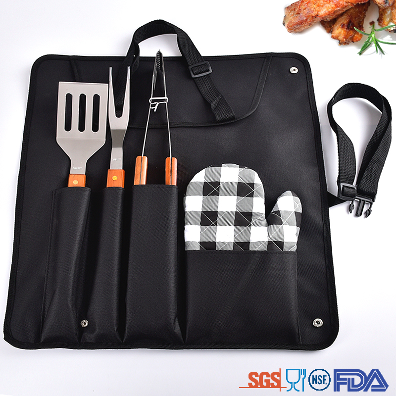 Outdoor portable easily cleaned bbq barbecue tool set with glove wooden handle bbq tool set