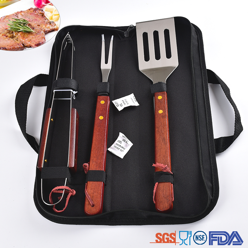 Amazon hot sale stainless steel wooden handle bbq tool set 