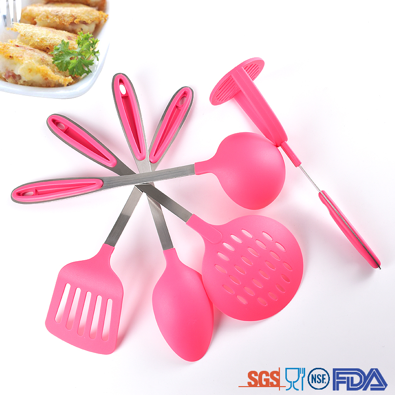 Cooking utensils 5 pc pink silicone utensil set stainless steel heat-resistant kitchen utensil set with black holder