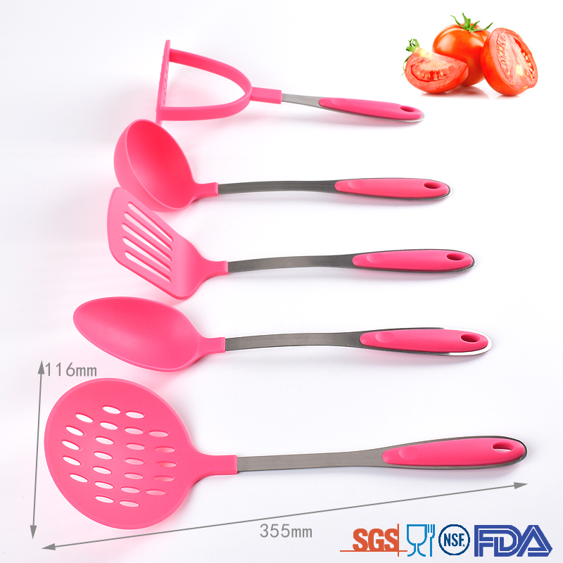 Cooking utensils 5 pc pink silicone utensil set stainless steel heat-resistant kitchen utensil set with black holder