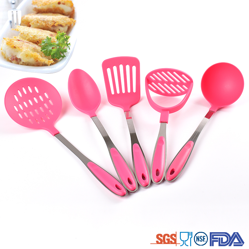 Cooking utensils 5 pc pink silicone utensil set stainless steel heat-resistant kitchen utensil set with black holder