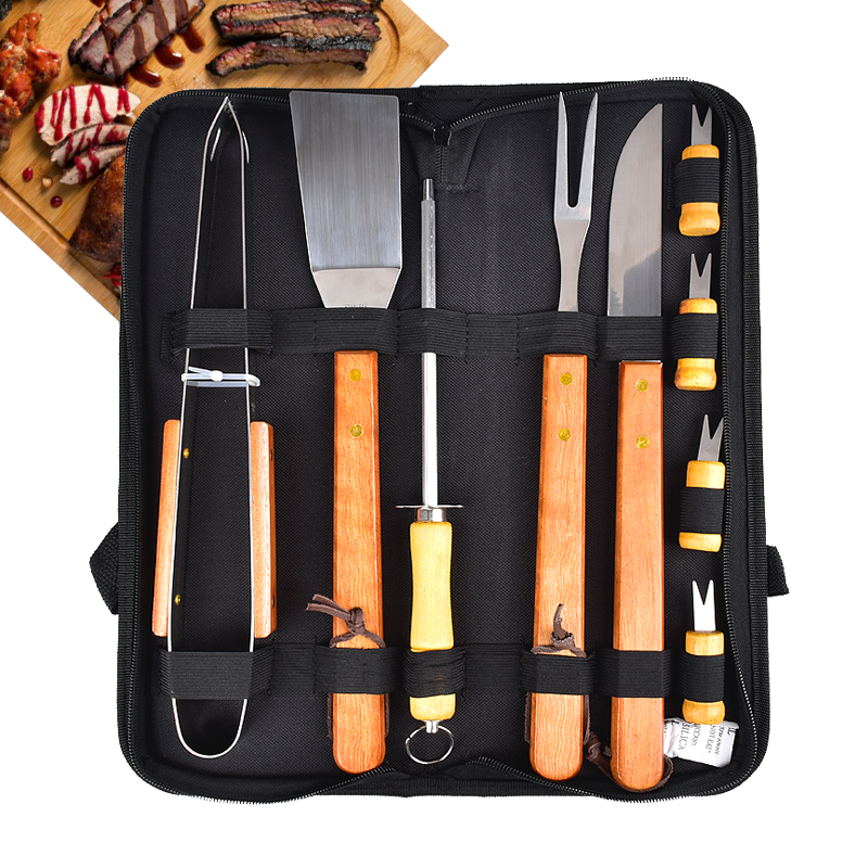 Best price 9 pcs wooden handle bbq grilling tools barbecue tools in a nylon carry bag