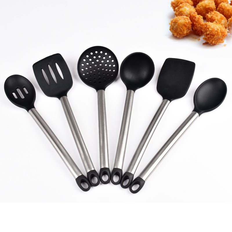 6 Piece Premium Stainless Steel Black Heat Resistant Utensils Silicone Utensils Sets