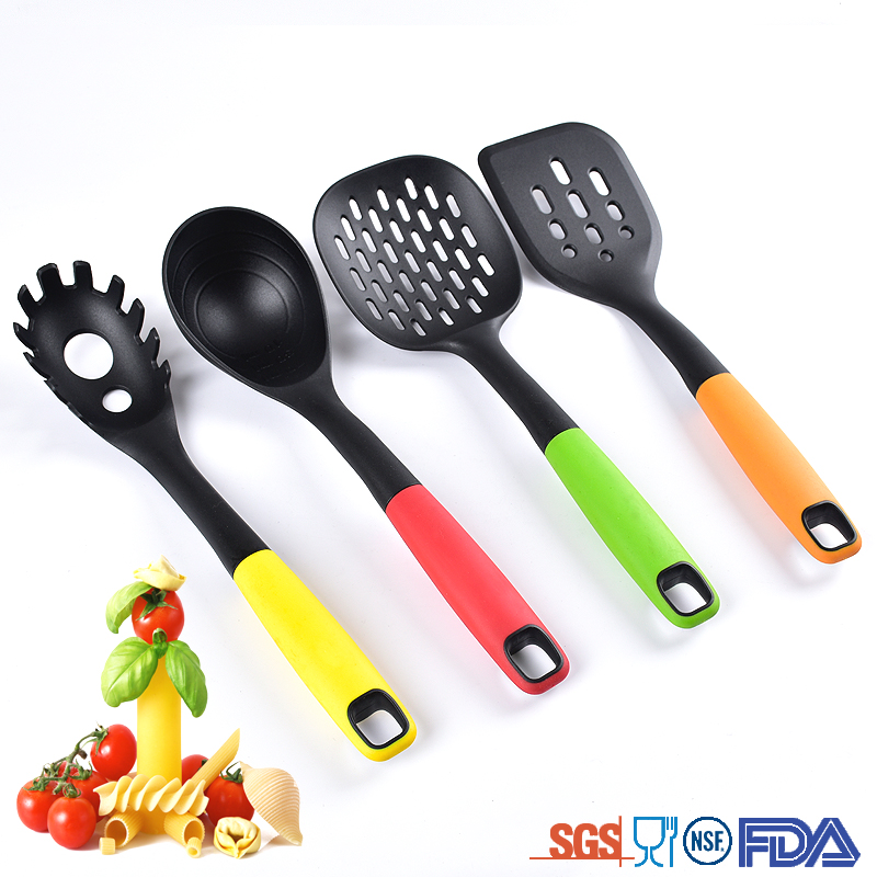 4 Pieces nylon kitchen utensils nonstick cookware colorful cooking utensil set including pasta server,skimmer,slotted turner