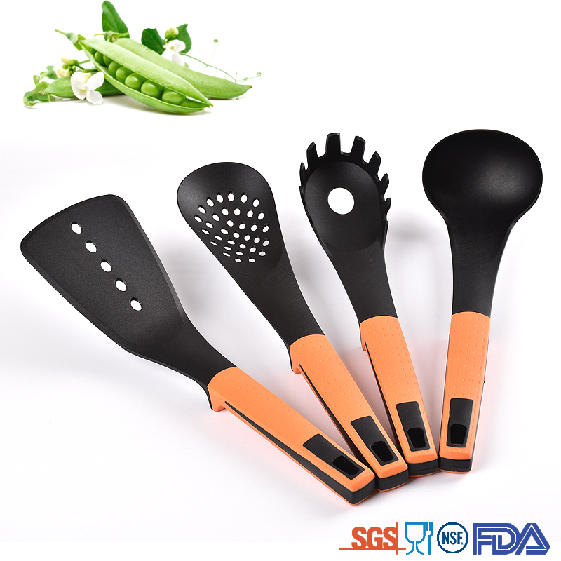 4 Pc orange handle nylon plastic food cooking utensils durable kitchen utensils set with holder