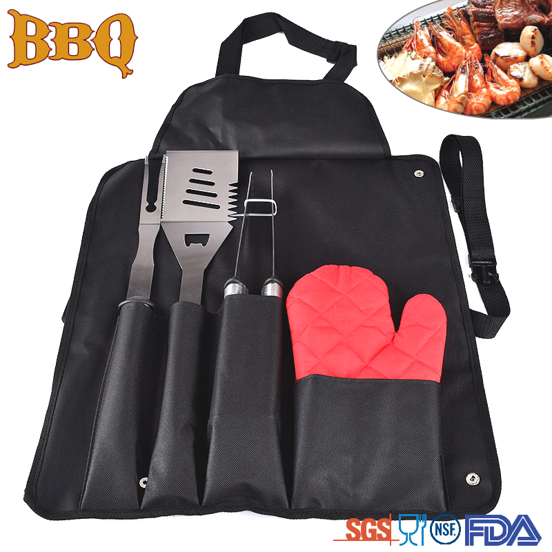 factory price good use stainless steel barbecue bbq grilling tool set with nylon apron bag