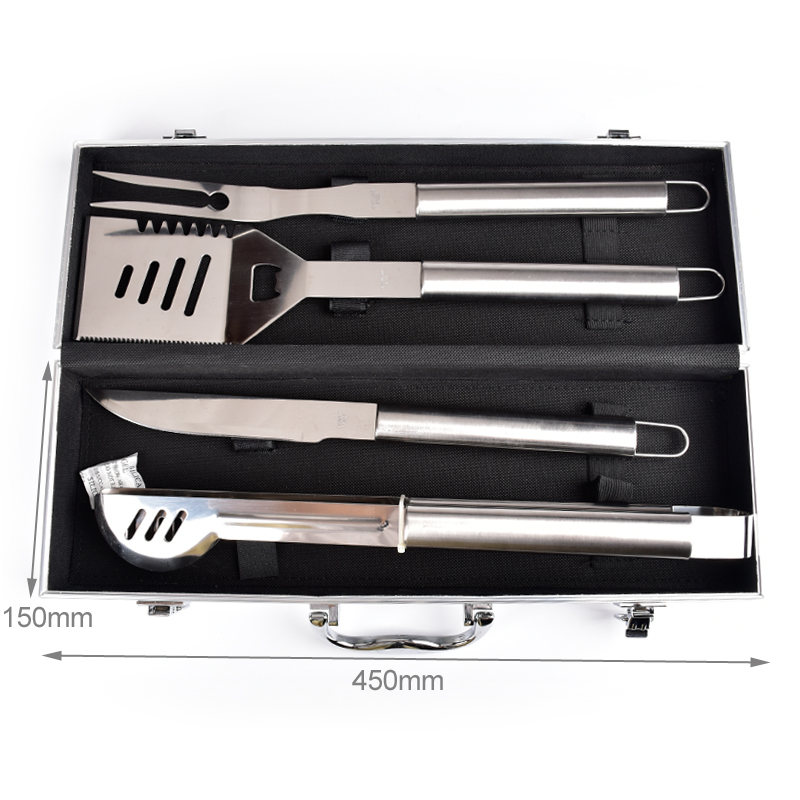 outdoor portable stainless steel barbecue bbq grilling tool set with aluminum case