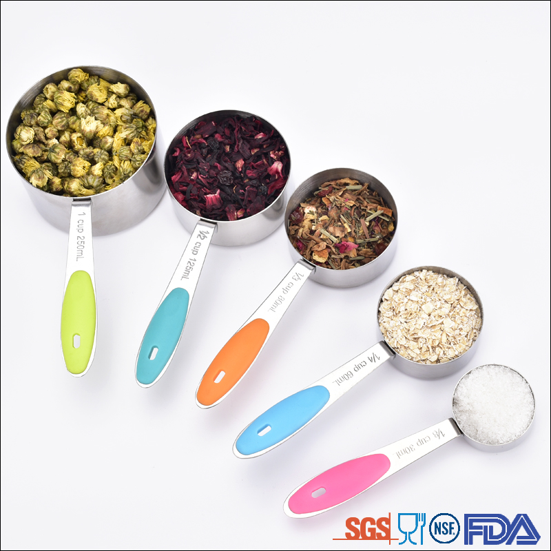 5 pcs Kitchen Stainless Steel Measuring Cups and Spoons set with Silicone Handle Grip Perfect for Baking Accessories