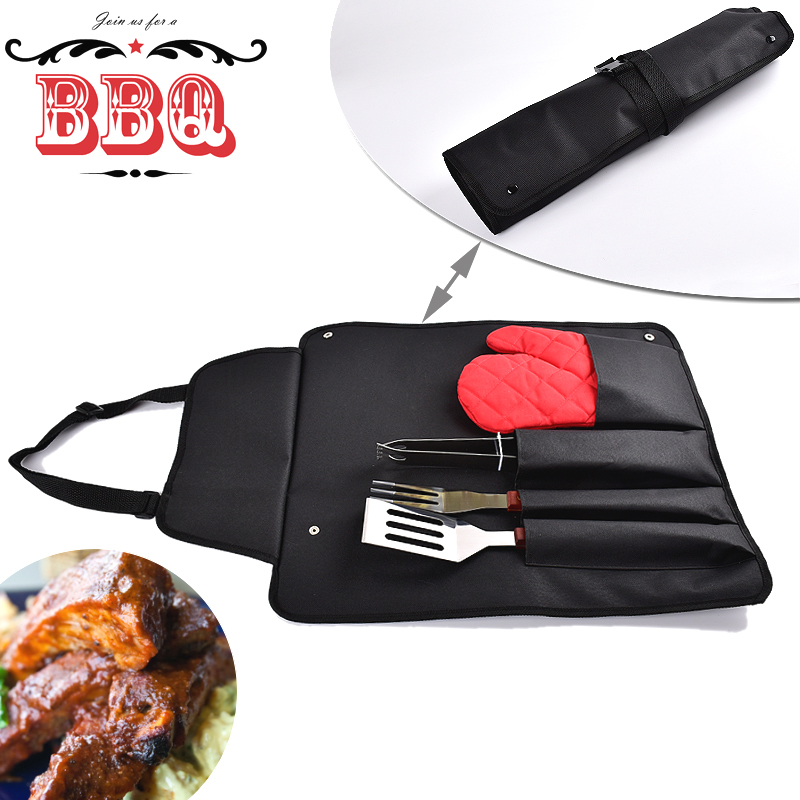 3 PCS Outdoor Portable Easily Cleaned Wooden Handle BBQ Tool Set With Nylon Apron Bag